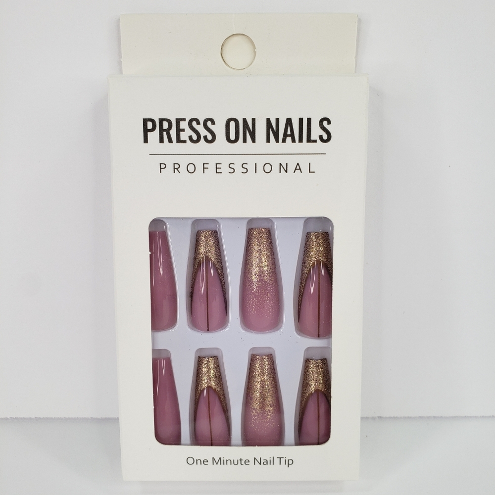 Pink Gold Glitter Design False Nails Press On 25 Pc Set Long Coffin Shape w Glue - Picture 2 of 6